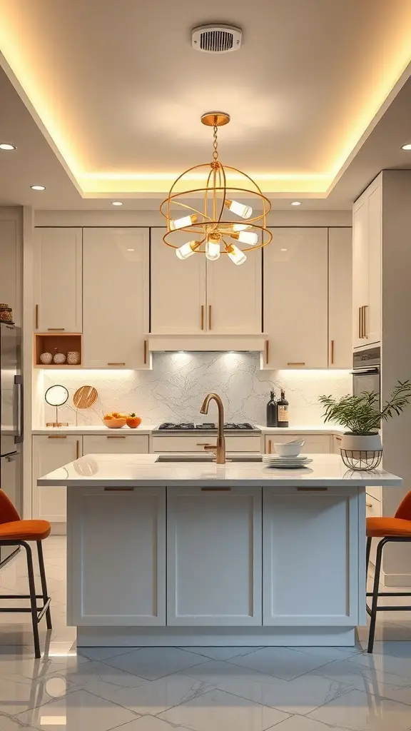A modern kitchen featuring cream cabinets, a gold chandelier, and stylish decor.