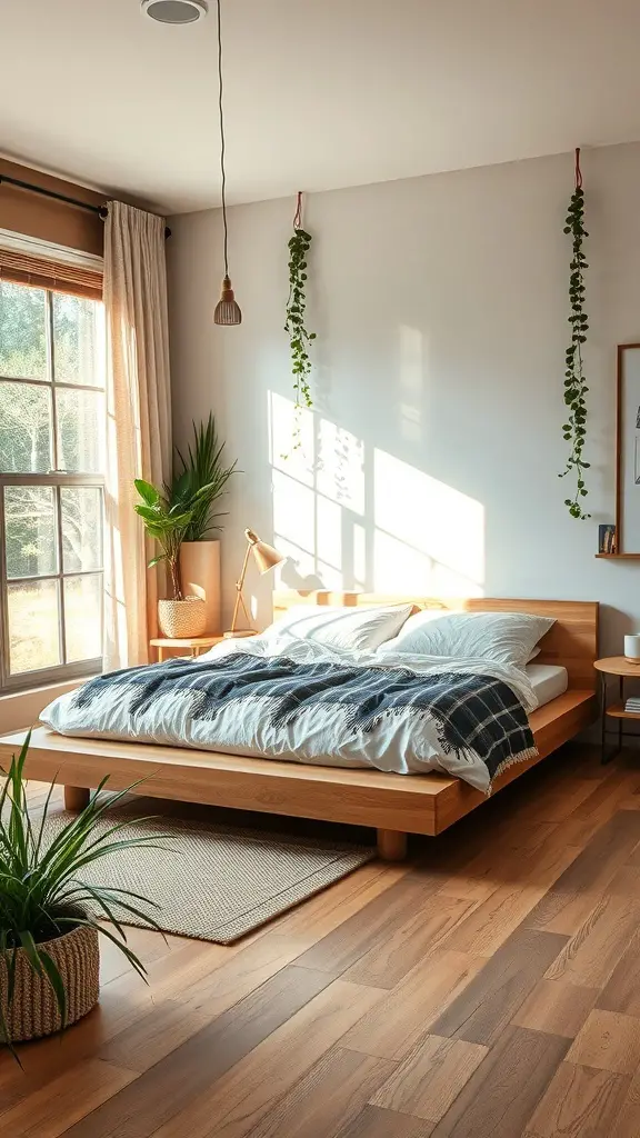 25+ Inspired Floor Bed Ideas for a Cozy Bedroom Makeover 14 A cozy bedroom featuring a wooden floor bed, plants, and natural light.