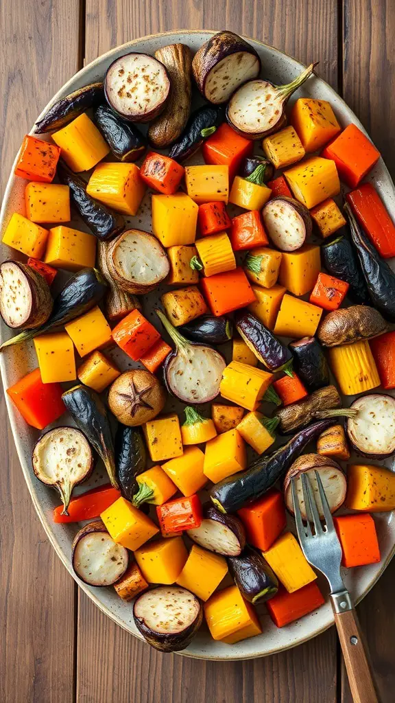 29+ Festive Christmas Brunch Buffet Ideas 15 A colorful roasted vegetable platter featuring butternut squash, sweet potatoes, bell peppers, and eggplant.