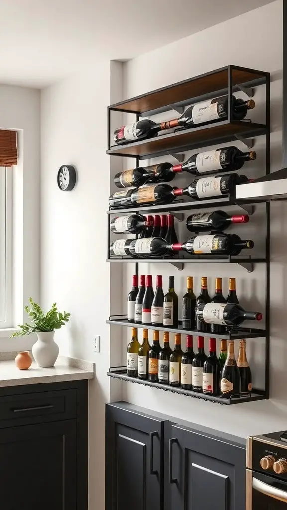 A modern wall-mounted wine rack displaying various wine bottles in a stylish kitchen.