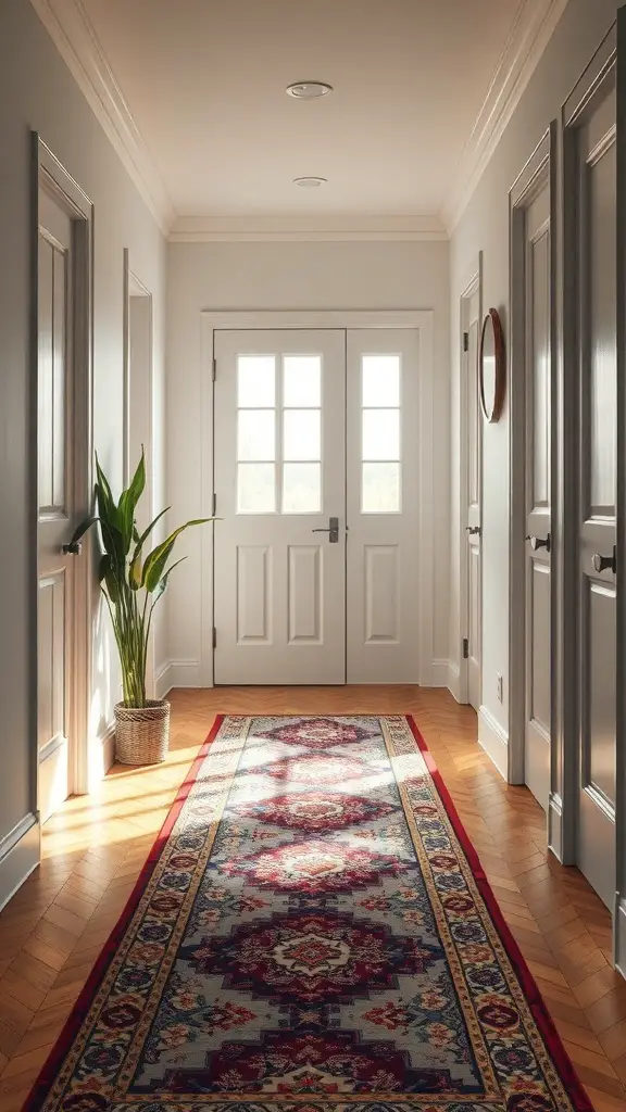 A cozy hallway featuring a decorative rug, potted plant, and doors leading to rooms.