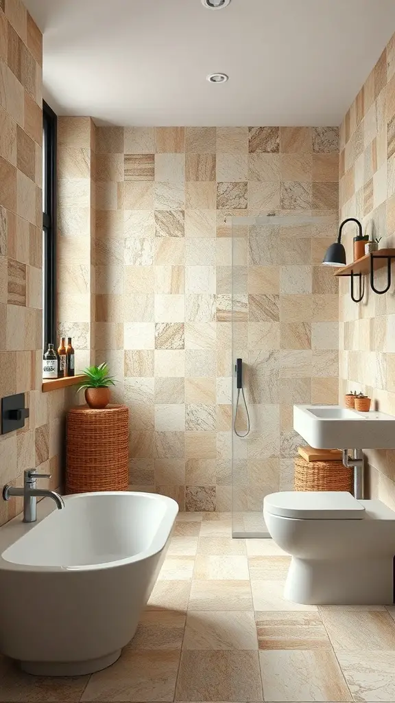 A modern bathroom featuring warm-toned recycled tiles, a freestanding bathtub, and minimalistic fixtures.