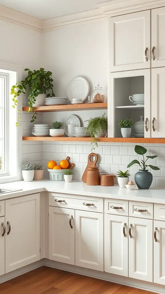 A kitchen featuring off white cabinets and open shelving with decorative items and plants.