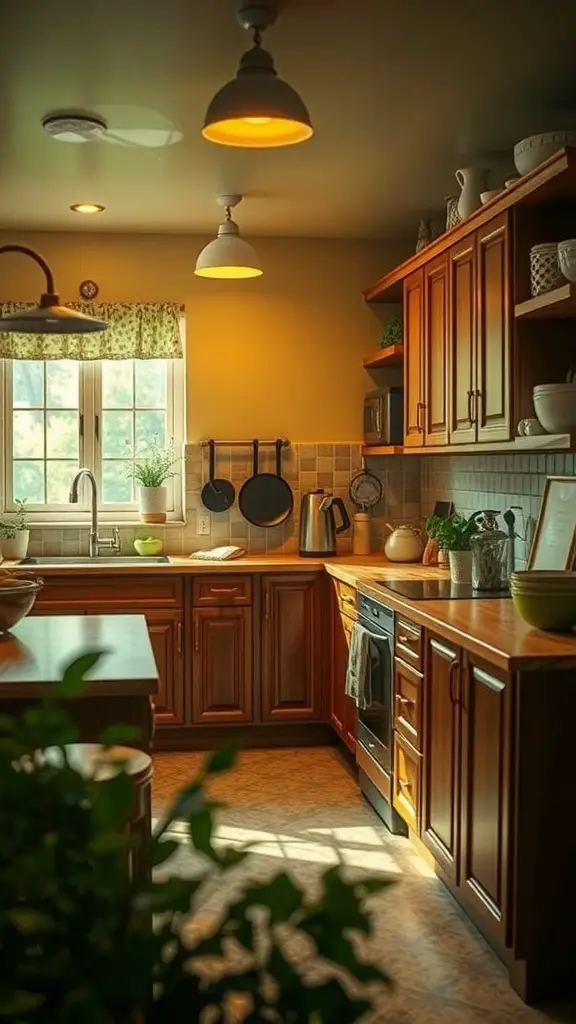 A warm and inviting kitchen with wooden cabinets and soft lighting