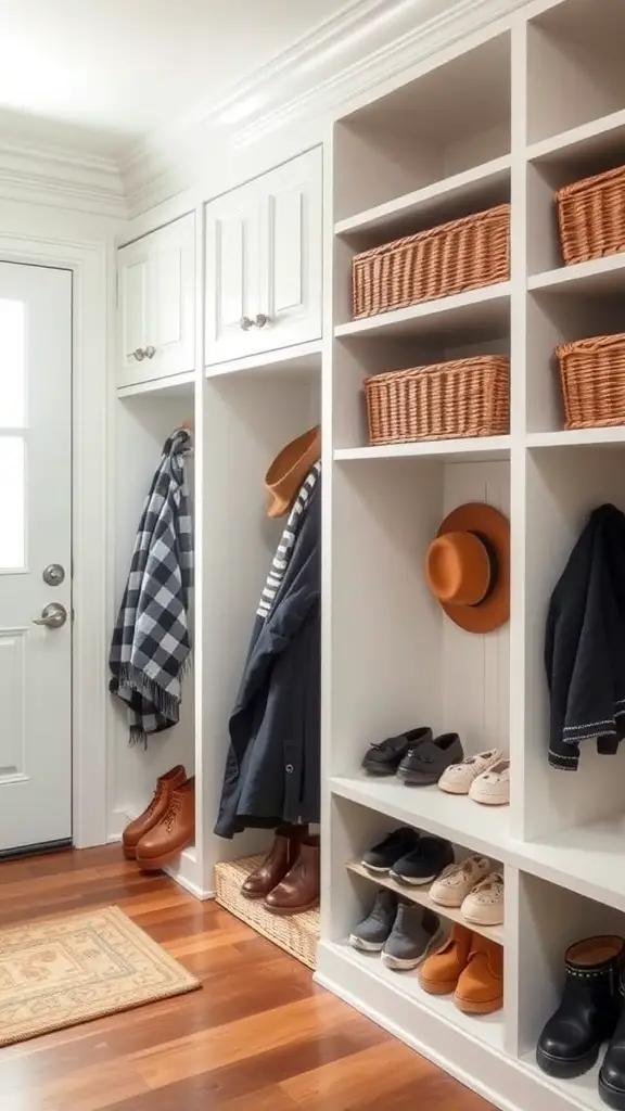 A stylish mudroom with organized storage, featuring baskets, shoes, and hooks.