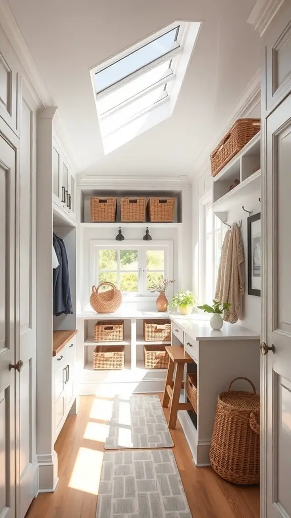 Bright mudroom closet with natural light from a skylight and organized storage