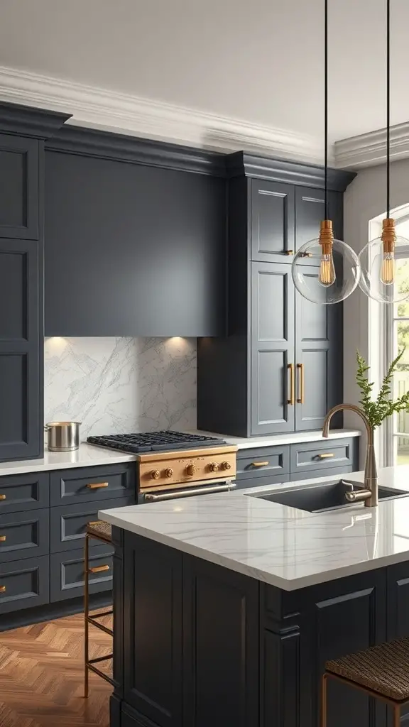 25+ Gorgeous Kitchen Cabinet Colors to Transform Your Space 13 A modern kitchen featuring charcoal gray cabinets, gold hardware, and a marble countertop.