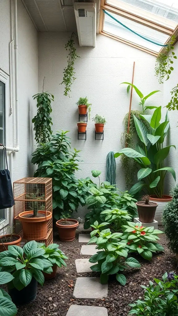 29+ Inspiring Basement House Ideas for Your Next Home Project 15 A cozy basement garden with various plants, pots, and a skylight.