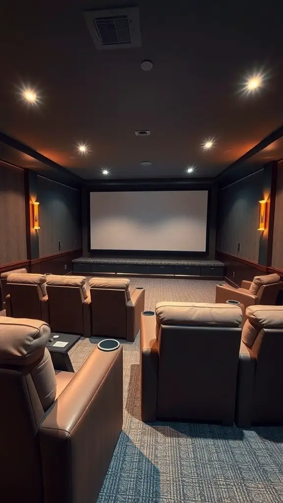 Cozy home theater setup in a basement with reclining chairs and a large screen.
