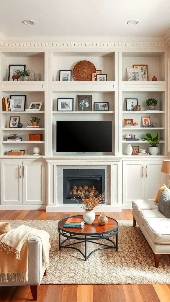 Custom shelving unit in a living room with books, plants, and a television.