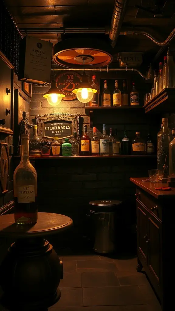 A cozy speakeasy-style basement with vintage decor, warm lighting, and shelves filled with bottles.