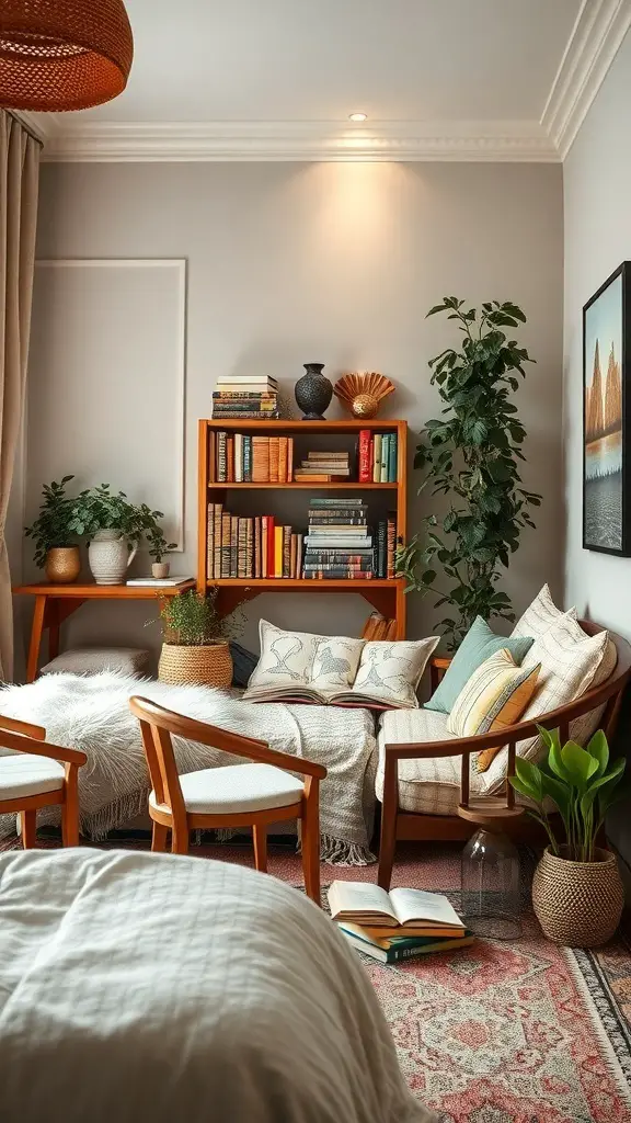 Cozy reading nook with a bookshelf, plants, and comfortable seating in a boho witchy bedroom