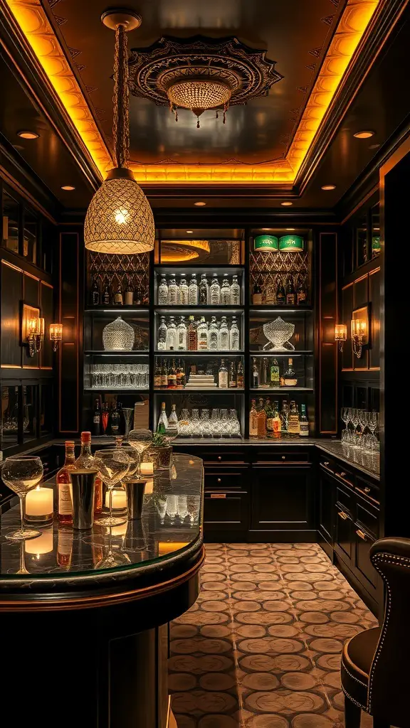 An elegant Art Deco style basement bar featuring black cabinetry, marble countertops, and warm lighting.