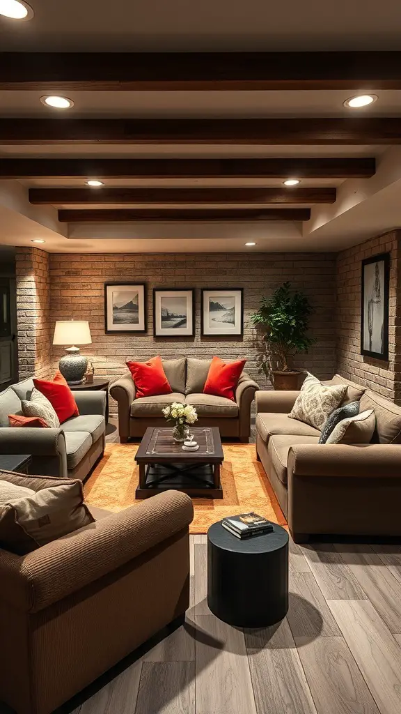 Cozy basement family room with comfortable seating arrangements