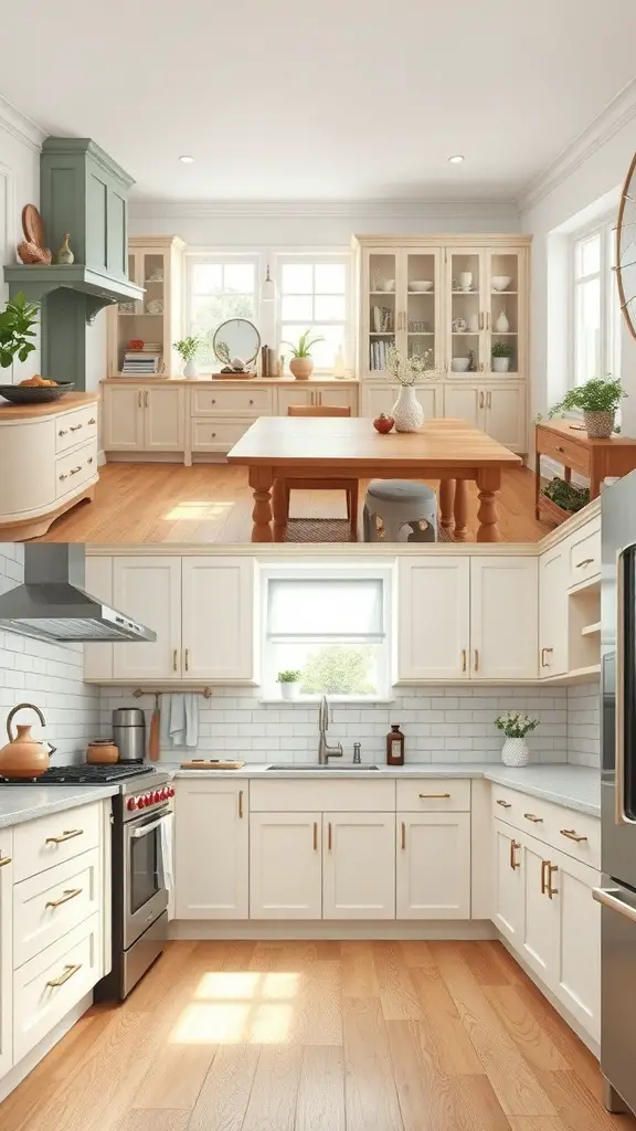 A kitchen featuring off white cabinets, wooden flooring, and a green accent hood.