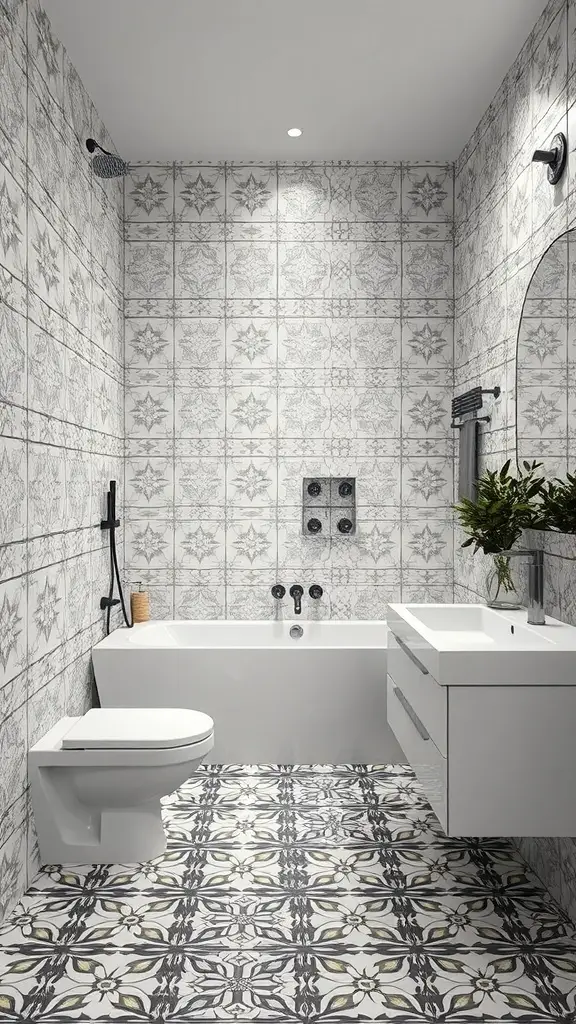 A modern bathroom featuring contemporary cement tiles with intricate patterns on the floor and walls.