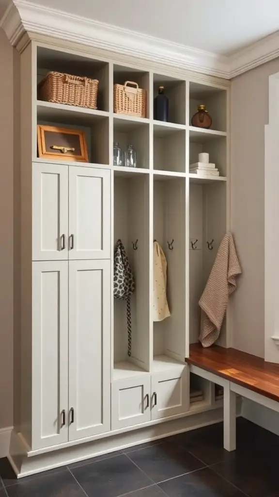 Tall mudroom lockers with open shelves and hooks for organization