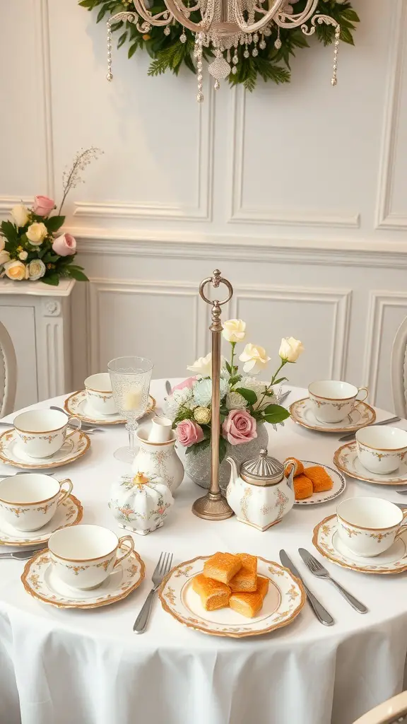 27+ Stunning Christmas Table Settings for Round Tables 16 A beautifully set round table for Christmas afternoon tea, featuring delicate china, a floral centerpiece, and sweet treats.