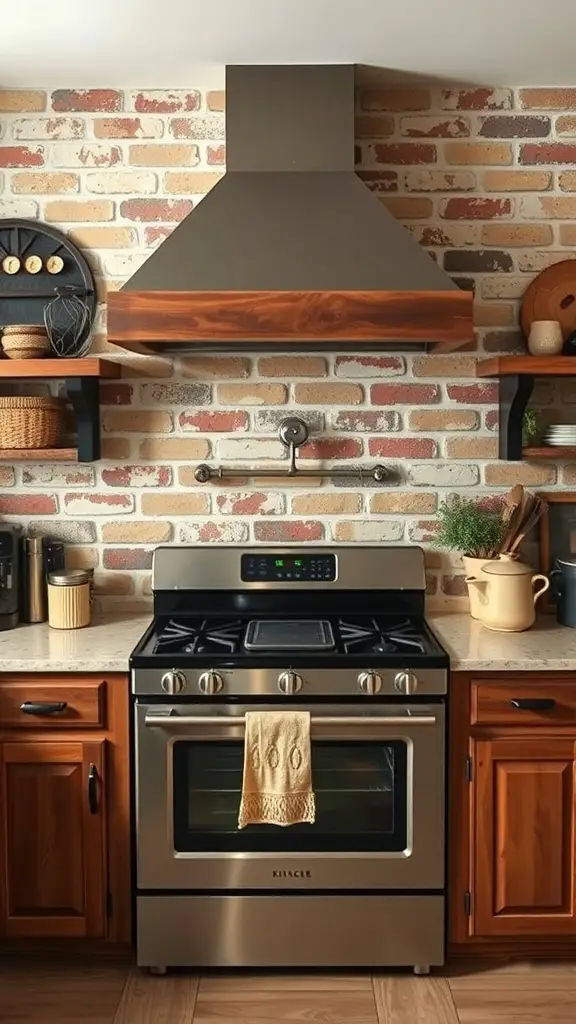 27+ Inspiring Stove Backsplash Ideas You’ll Love 13 A kitchen with a natural brick backsplash, modern stove, and wooden shelves