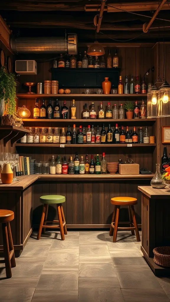 25+ Stunning Boho Basement Ideas to Transform Your Space 11 A cozy rustic bar area with wooden shelves filled with various bottles, two colorful stools, and warm lighting.