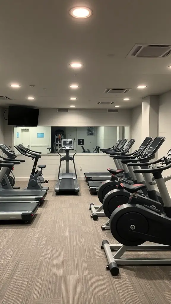 A well-equipped basement gym featuring various cardio machines like treadmills and stationary bikes.