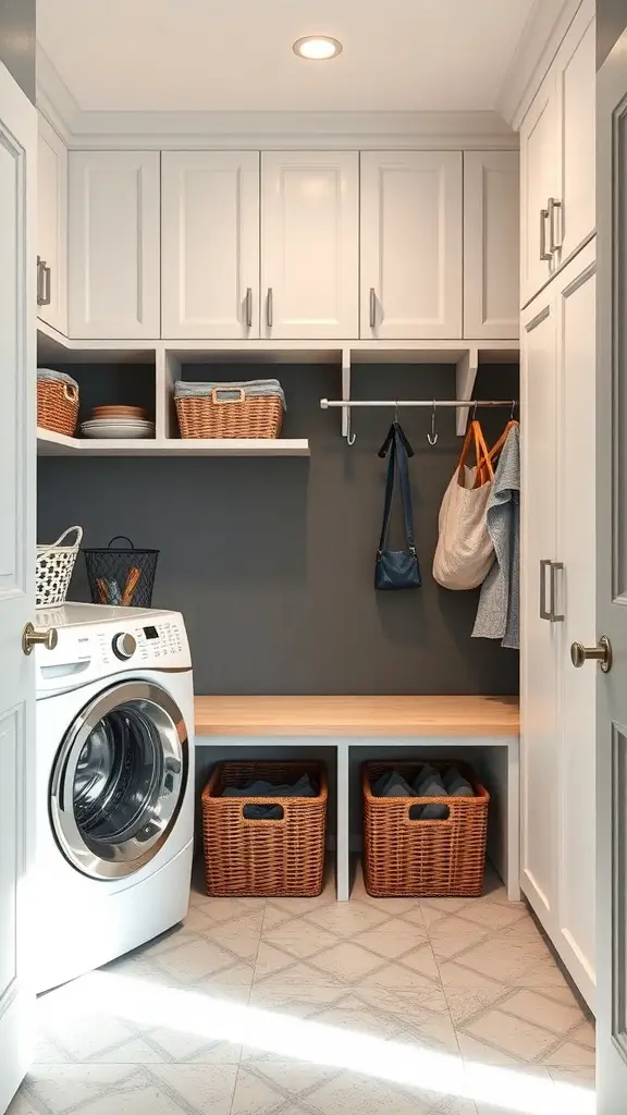 25+ Stylish Mudroom and Laundry Room Combo Ideas to Maximize Space 3 A modern mudroom and laundry room combo with white cabinets, open shelves, a washer, and a cozy bench.