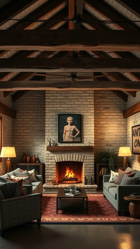 A rustic basement living room featuring exposed beams, a brick fireplace, and cozy seating.