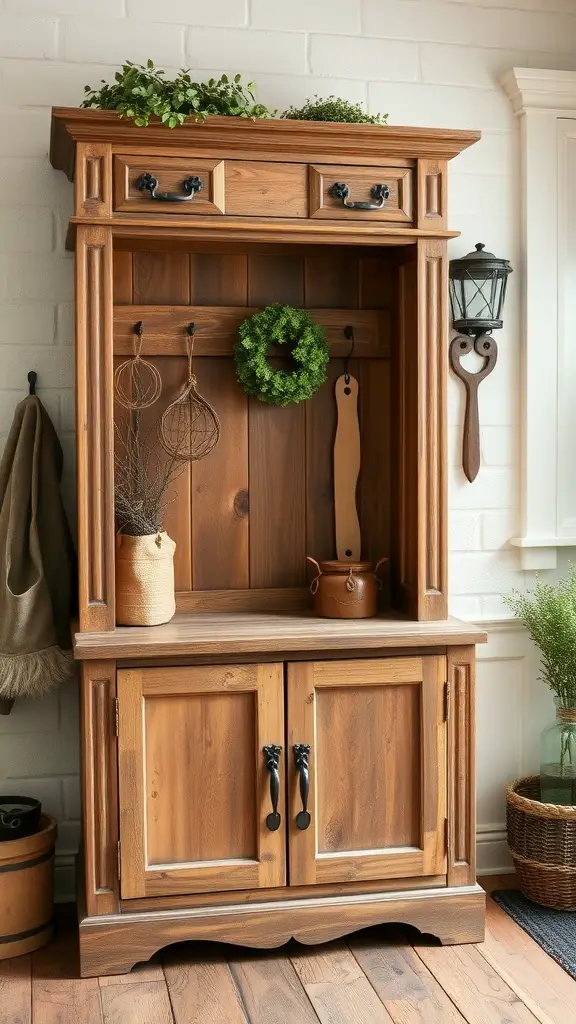 A rustic wooden mudroom cabinet with hooks and a top shelf decorated with greenery.