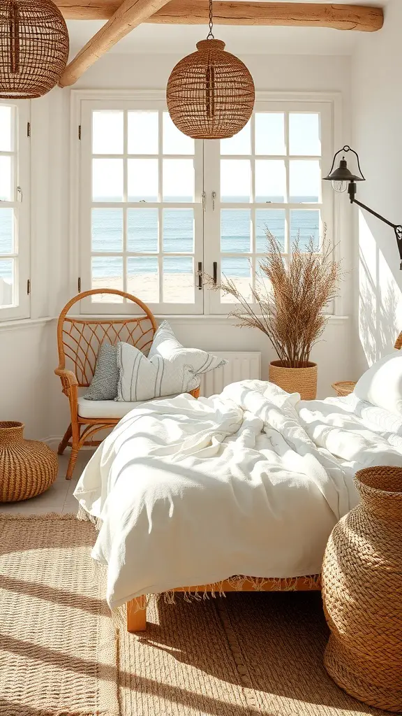 A cozy boho coastal bedroom featuring natural textures and materials, with woven light fixtures, neutral bedding, and wooden beams.