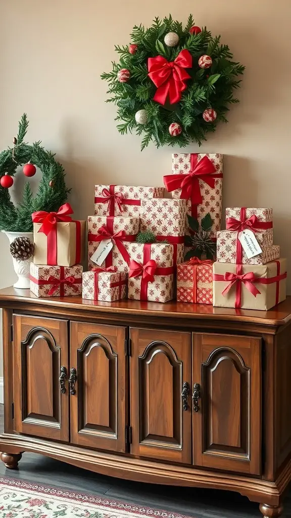 23+ Beautiful Christmas Sideboard Decor Ideas to Transform Your Home 13 A beautifully decorated sideboard with wrapped gifts and a festive wreath.