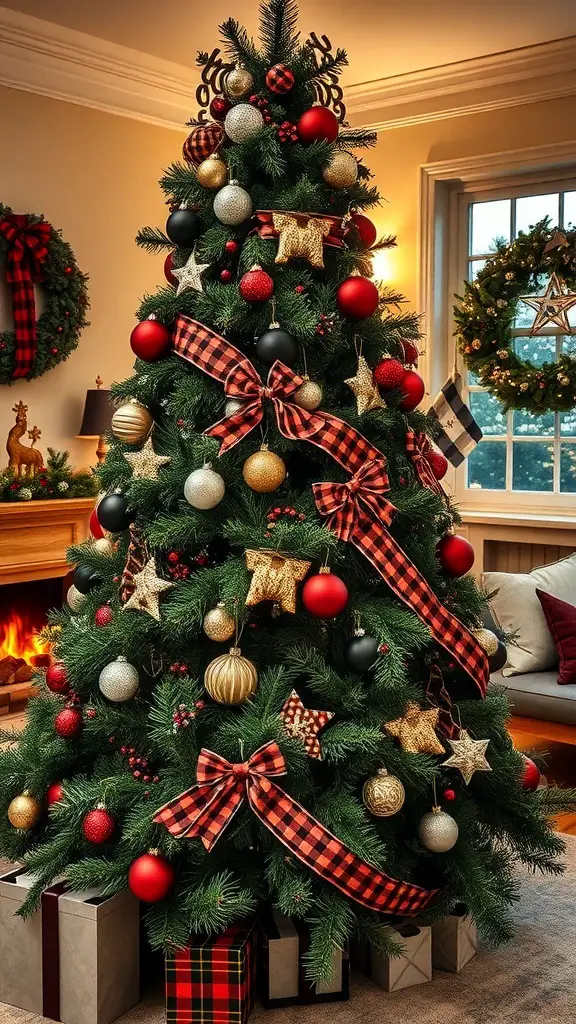 27+ Festive Tartan Christmas Decorations to Elevate Your Holiday Decor 8 A beautifully decorated Christmas tree with checkered black and red ribbons, gold and silver ornaments, and gifts underneath.