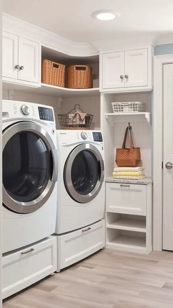27+ Stylish IKEA Mudroom Ideas for a Functional Space 16 A modern mudroom featuring laundry facilities with white cabinetry, a countertop, and organized storage baskets.