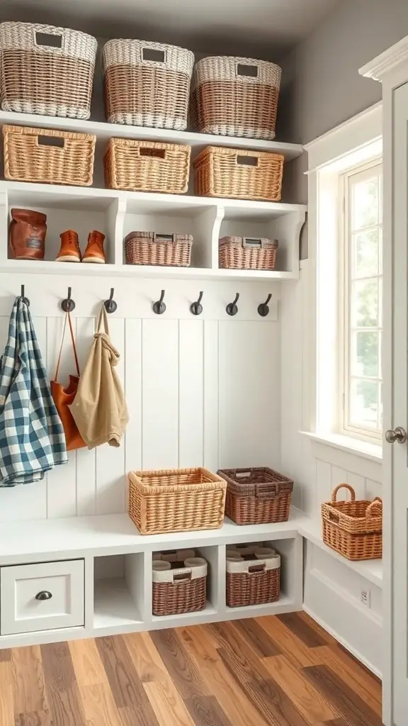 27+ Stylish IKEA Mudroom Ideas for a Functional Space 2 A stylish mudroom with baskets on shelves, hooks for hanging, and a bench for seating.