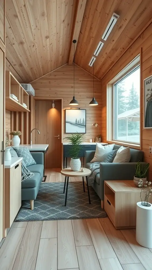 Interior of a modern tiny cabin with wooden walls, sleek furniture, and a cozy atmosphere.