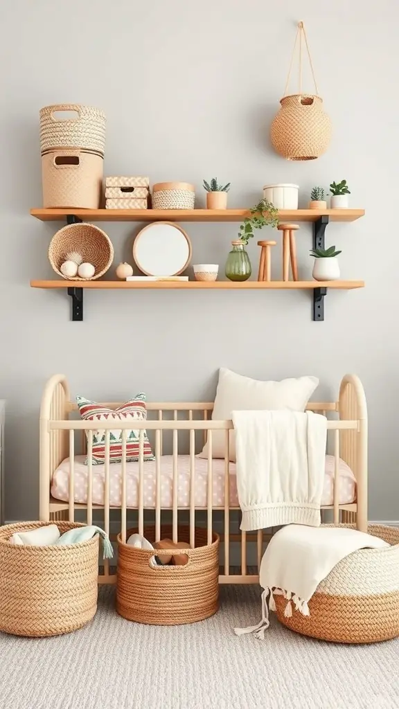 29+ Boho Nursery Decor Ideas for a Cozy and Stylish Space 11 A stylish boho nursery featuring a crib, woven baskets, and decorative shelves.