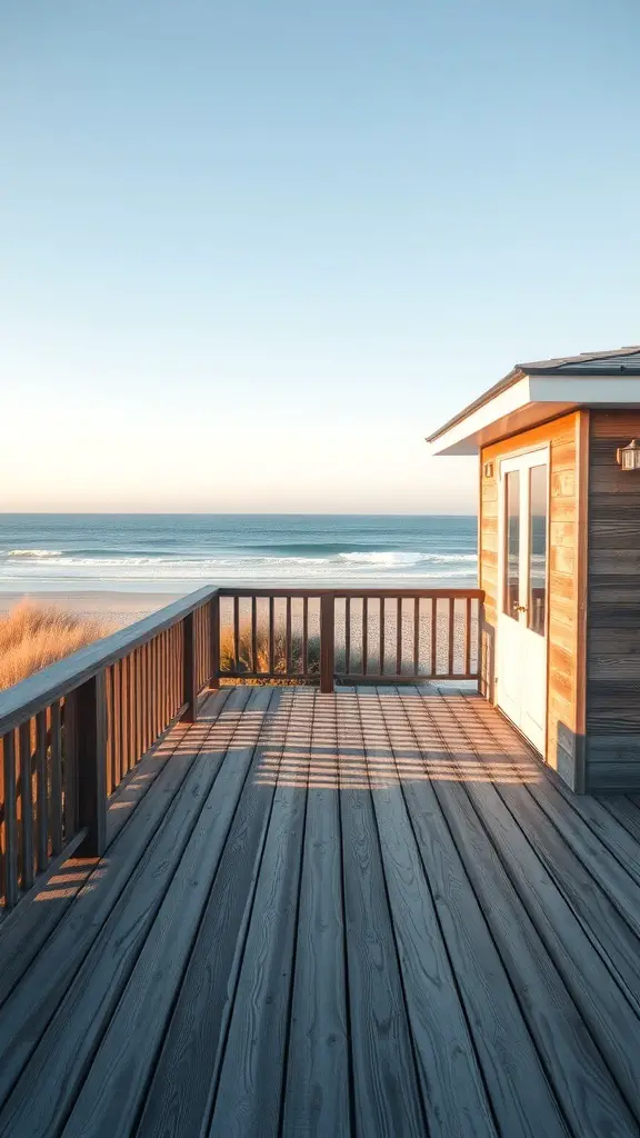 A seaside cabin with a wooden deck overlooking the ocean