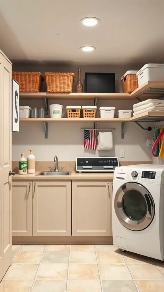A well-organized basement laundry room with shelves, cabinets, and a washer and dryer.