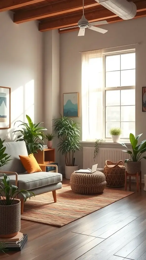 23+ Boho Office Decor Ideas for a Stylish Workspace 3 A cozy office space with plants, a sofa, and natural light.