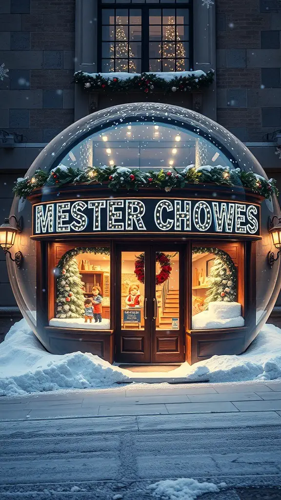 31+ Stunning Storefront Christmas Displays to Get You in the Holiday Spirit 14 A storefront designed like a snow globe, featuring festive decorations and holiday figures.