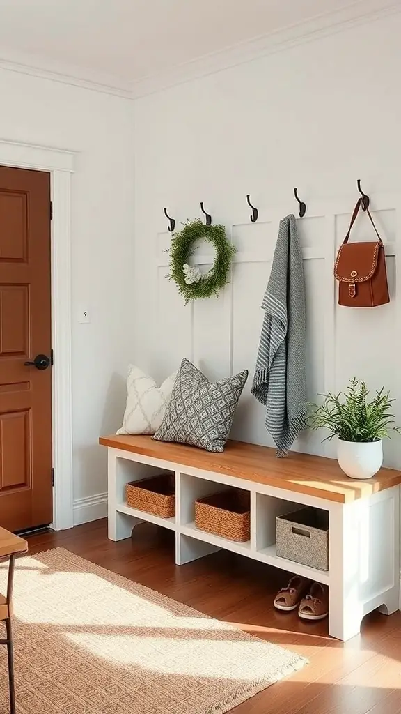 29+ Creative Mudroom Storage Ideas for a Clutter-Free Entrance 6 A stylish mudroom with a functional bench, hooks for hanging items, and decorative elements.