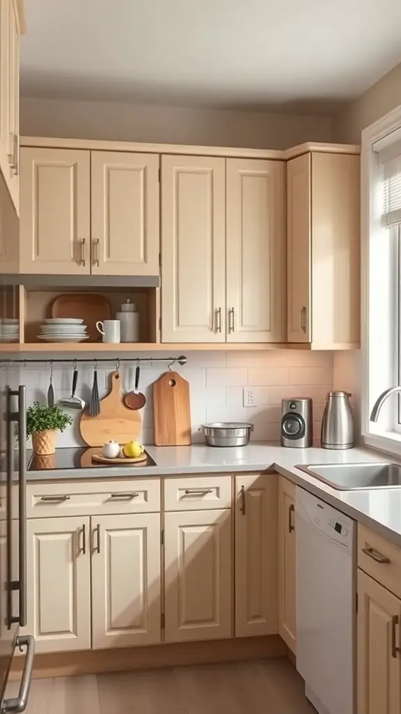 A small kitchen featuring beige cabinets, light countertops, and wooden accents.