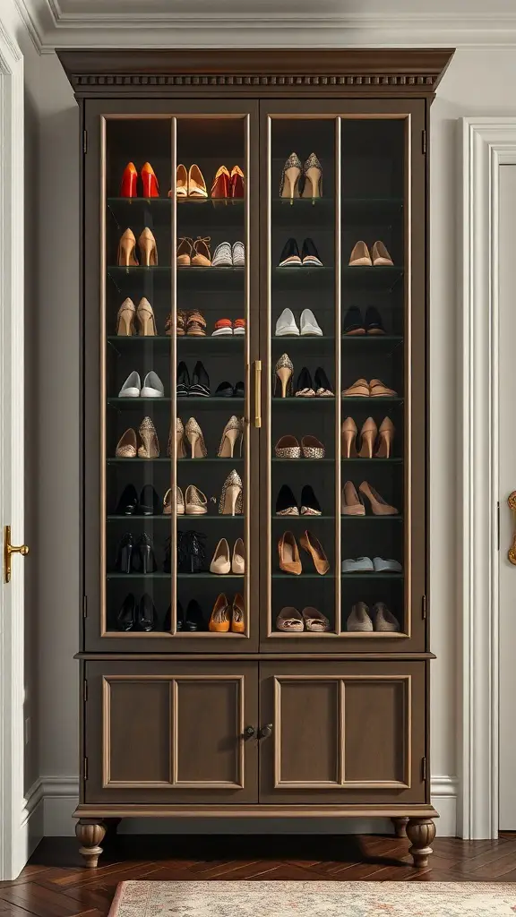 A stylish shoe cabinet with glass doors displaying various pairs of shoes.