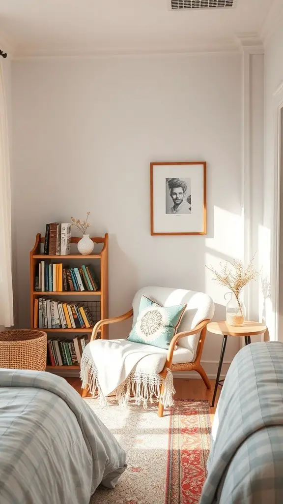A cozy reading nook with a chair, bookshelf, and natural light.