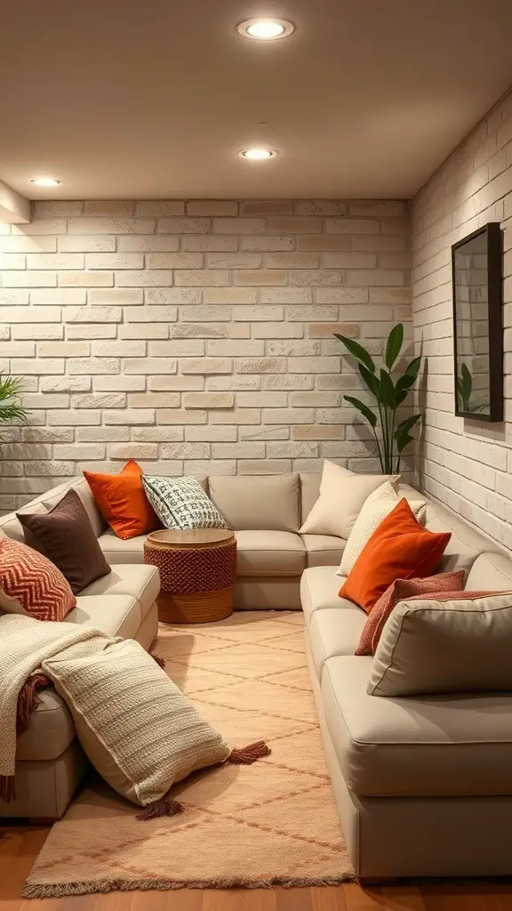 Cozy basement seating area with a sectional sofa, colorful pillows, and a woven table.