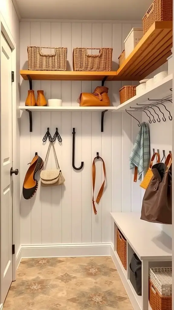 A well-organized mudroom closet with shelves, hooks, and a bench.