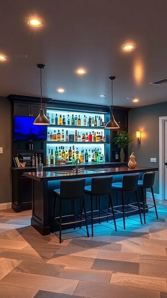 A modern custom built-in bar with LED lighting, featuring a wooden countertop and shelves filled with various bottles.