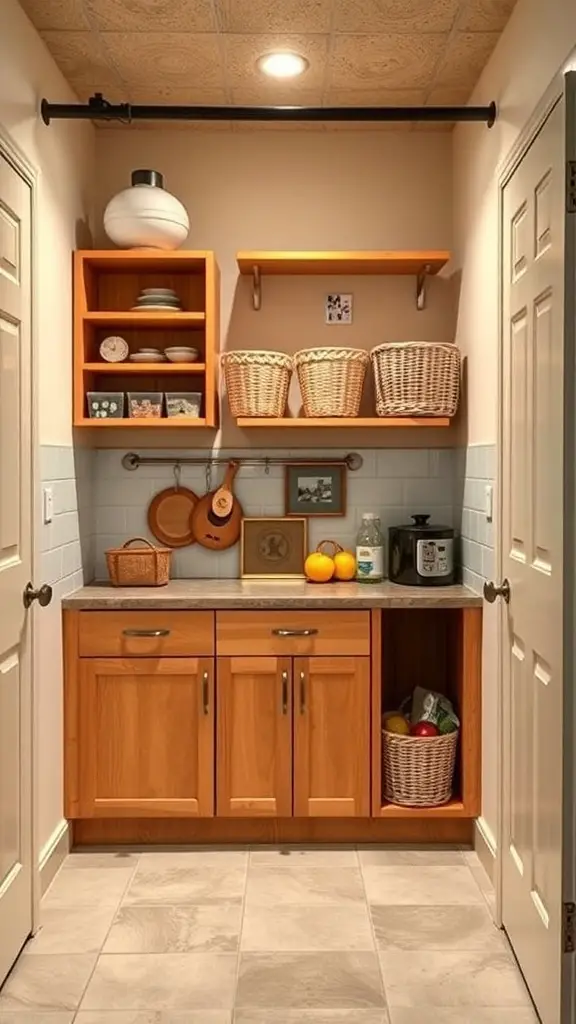 A small basement kitchenette with wooden cabinets, open shelves, and a countertop displaying fruits and a small appliance.