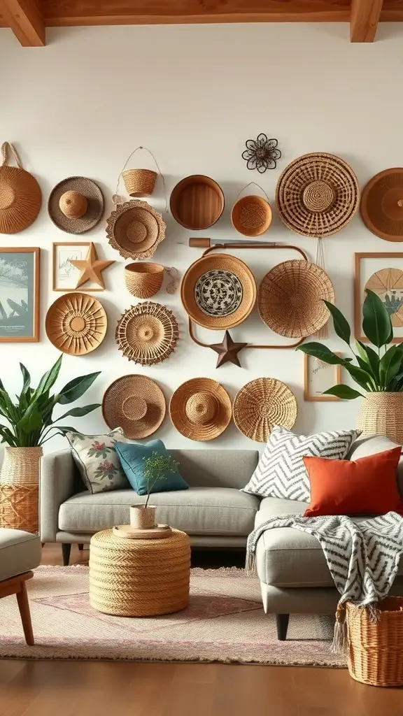 A cozy boho living room featuring a wall decorated with layered woven baskets, plants, and a comfortable sofa.