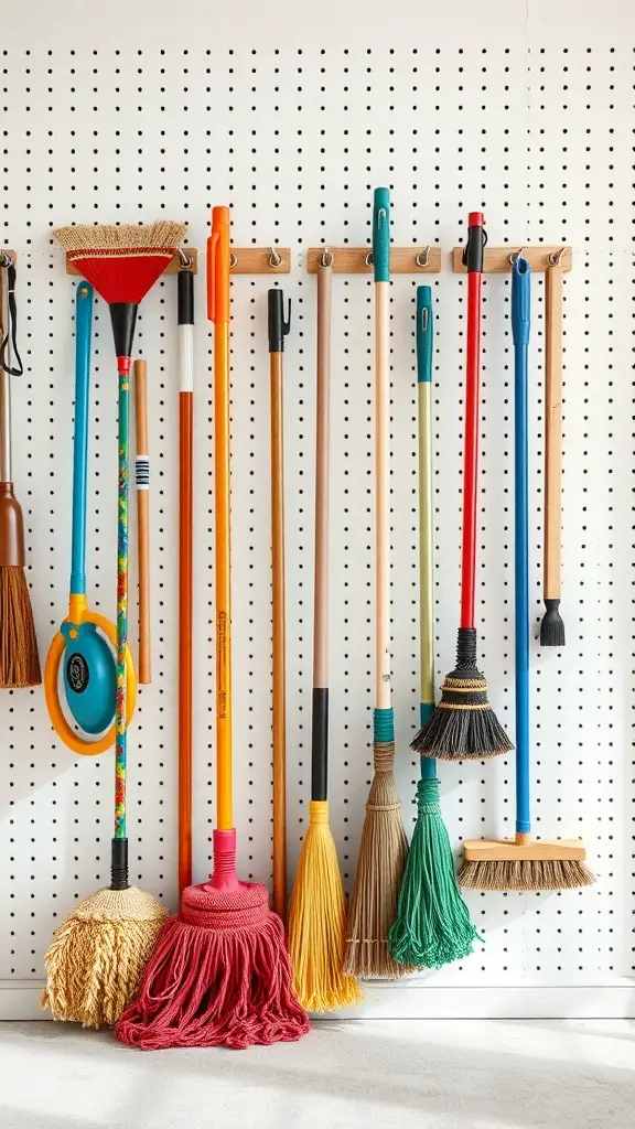 Pegboard with various mops and brooms organized neatly