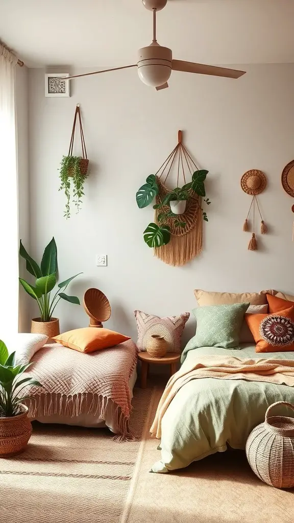 A cozy boho witchy bedroom featuring earthy color palettes with plants, textured pillows, and natural materials.